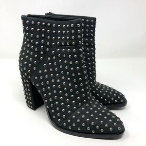 Mercer Edit Black Leather Full Monty Studded Booties Womens 6.5 Almond Toe 4"